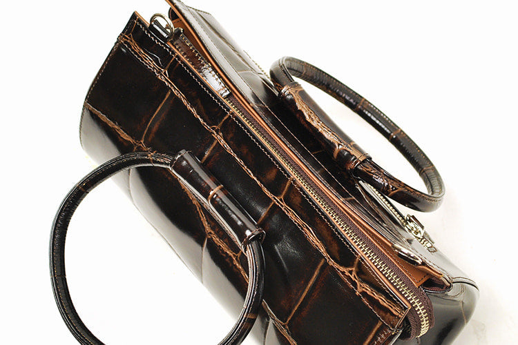 REALMIND / PRIMA Glossy large crocodile embossed leather tube-shaped 2-way shoulder bag