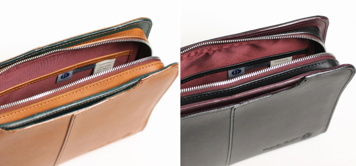 COMPLEX GARDENS / 眼蔵 ゲンゾウ  上質で肉厚なバケッタレザーを贅沢に使用したラウンドジップクラッチバッグ