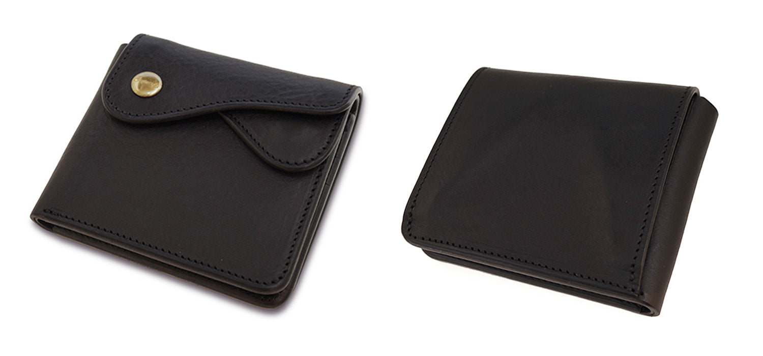 CRAMP / Ikenohata Ginkakuten A bi-fold wallet with double flap and a Garcon coin case, made from Italian shrink leather with a rich texture. 