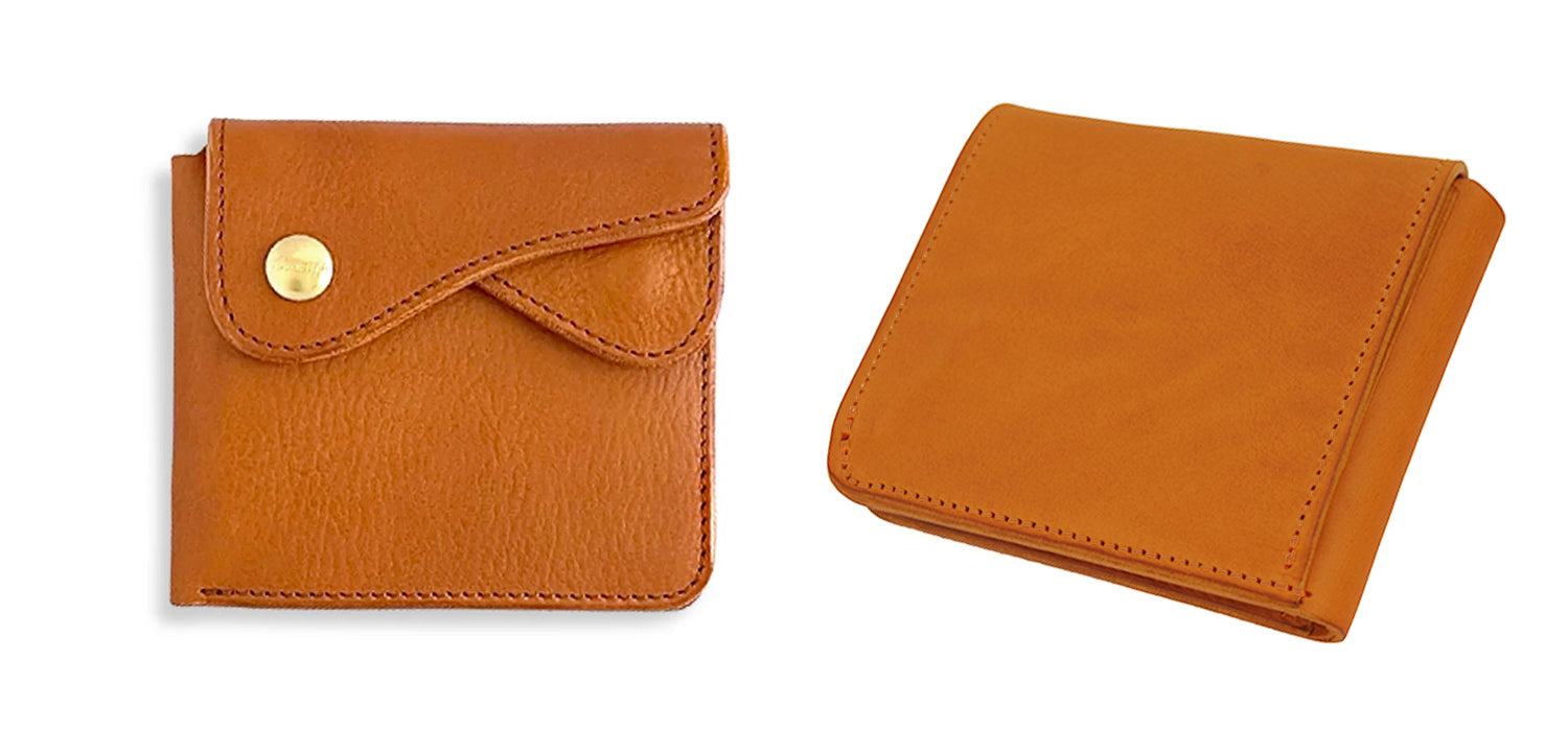 CRAMP / Ikenohata Ginkakuten A bi-fold wallet with double flap and a Garcon coin case, made from Italian shrink leather with a rich texture. 