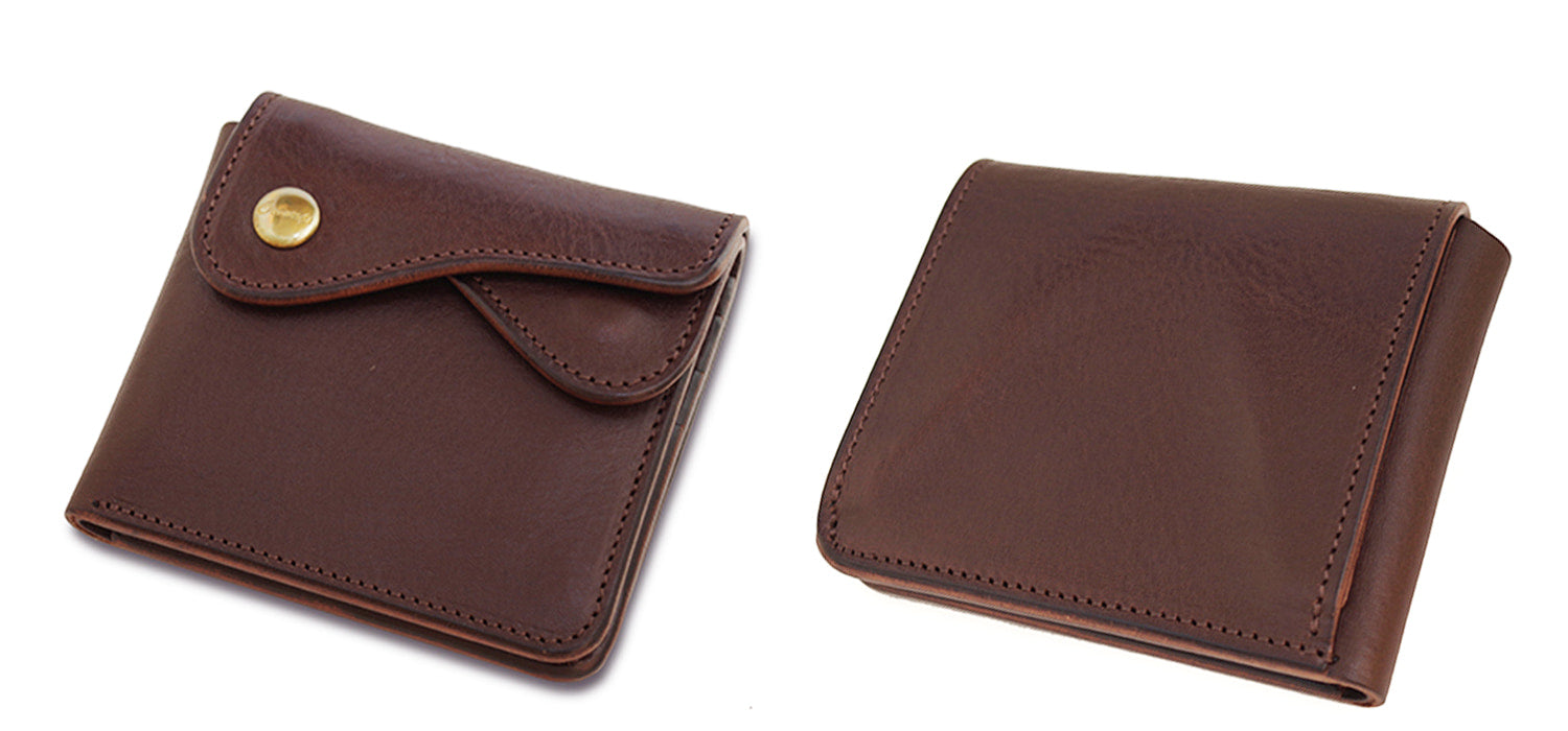 CRAMP / Ikenohata Ginkakuten A bi-fold wallet with double flap and a Garcon coin case, made from Italian shrink leather with a rich texture. 