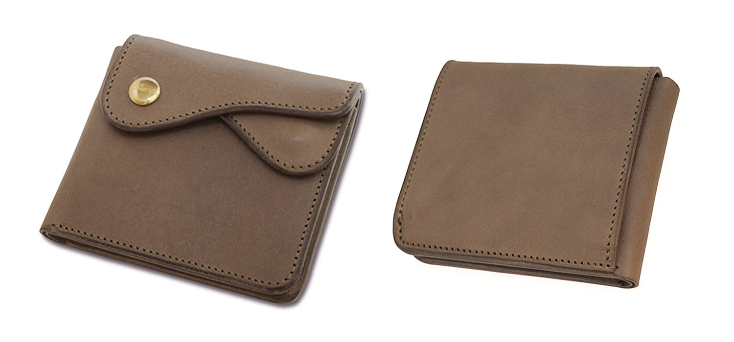 CRAMP / Ikenohata Ginkakuten A bi-fold wallet with double flap and a Garcon coin case, made from Italian shrink leather with a rich texture. 