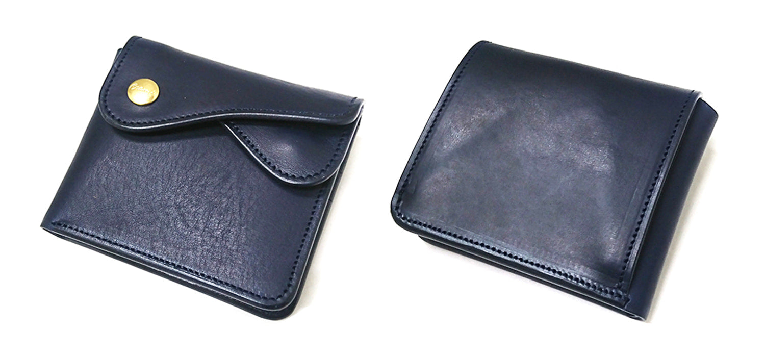 CRAMP / Ikenohata Ginkakuten A bi-fold wallet with double flap and a Garcon coin case, made from Italian shrink leather with a rich texture. 