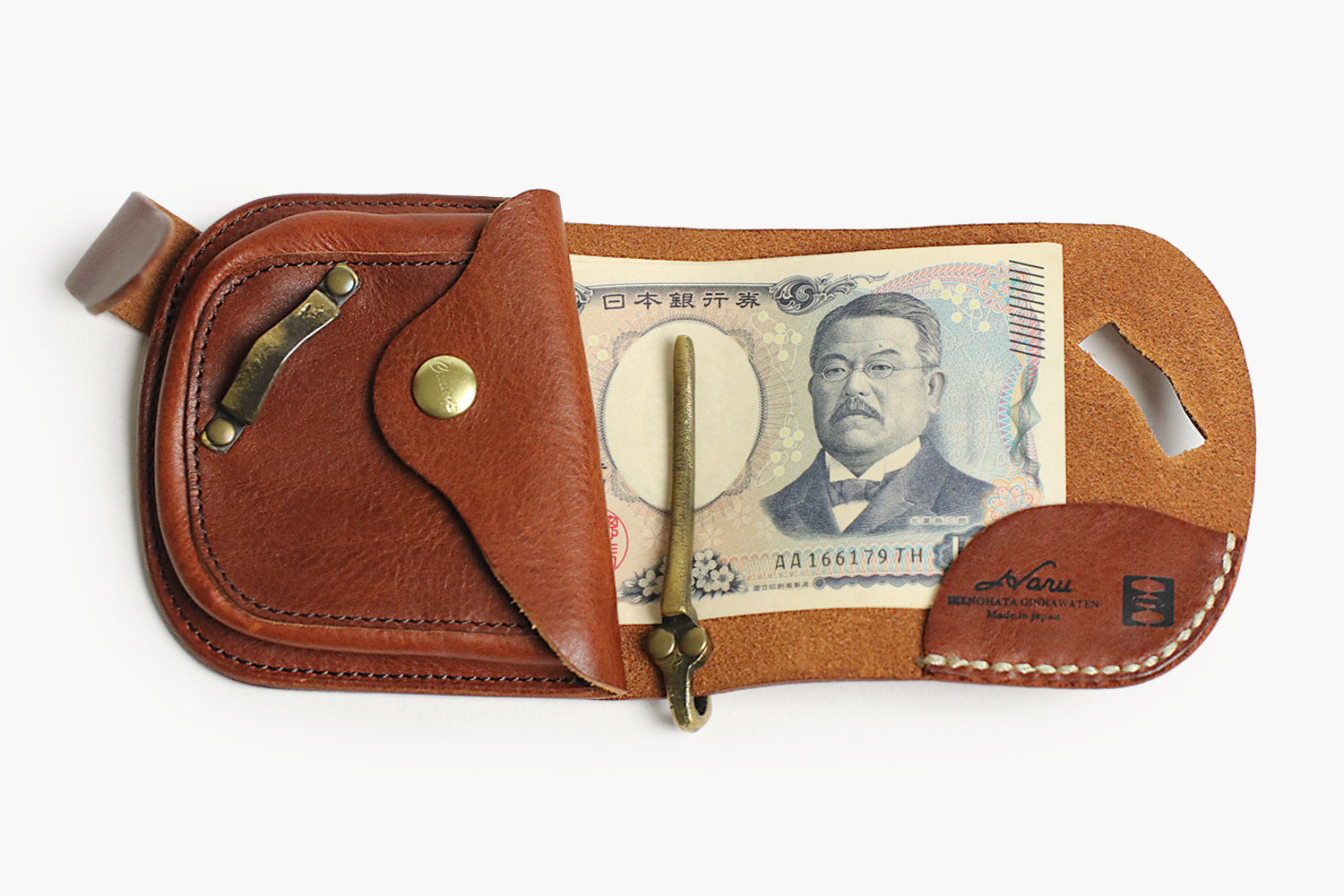 Haru / Ikenohata Ginkakuten Original brass swivel. Vintage Italian leather bi-fold wallet with money clip 