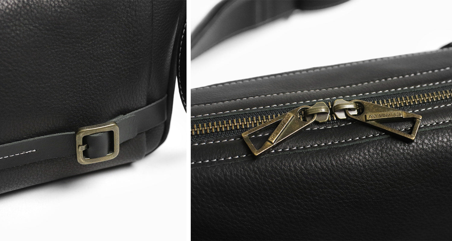 JYO ARVINISTA APRICA: Boldly designed shoulder bag made of soft, high-quality Japanese cowhide with belt details