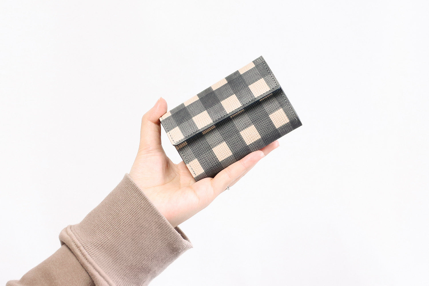 Neutral Gray Cruce A check painted tri-fold wallet for adults with a natural atmosphere.